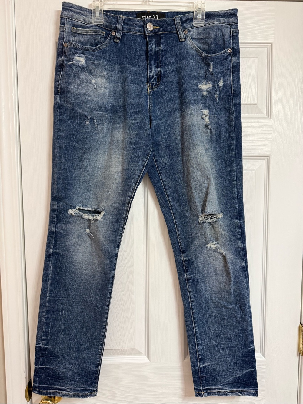 Rue21 Men's Distressed Dark Blue Slim Taper Jeans